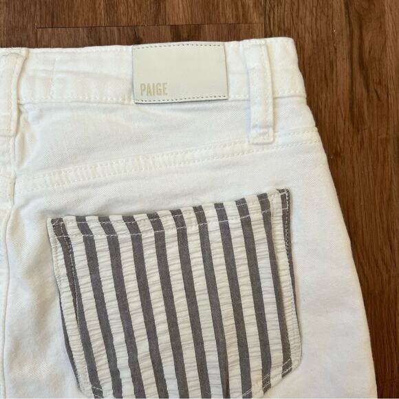 Paige Women’s Cindy Petite White Noise Denim Seersucker Pockets Grand Hem Shorts - Picture 6 of 7